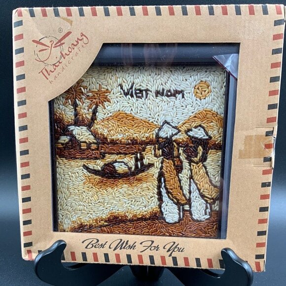 NEW IN BOX Vietnam Hand Crafted Framed Rice Art Wall Hanging 8" x 8" - Picture 1 of 8